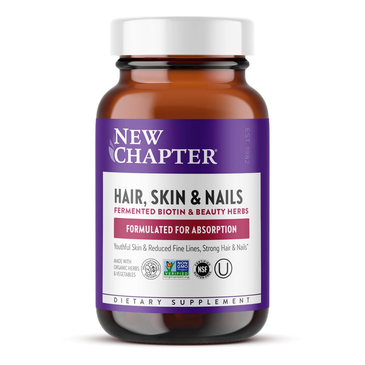 New Chapter Hair Skin & Nails Vitamins front view with Fermented Biotin