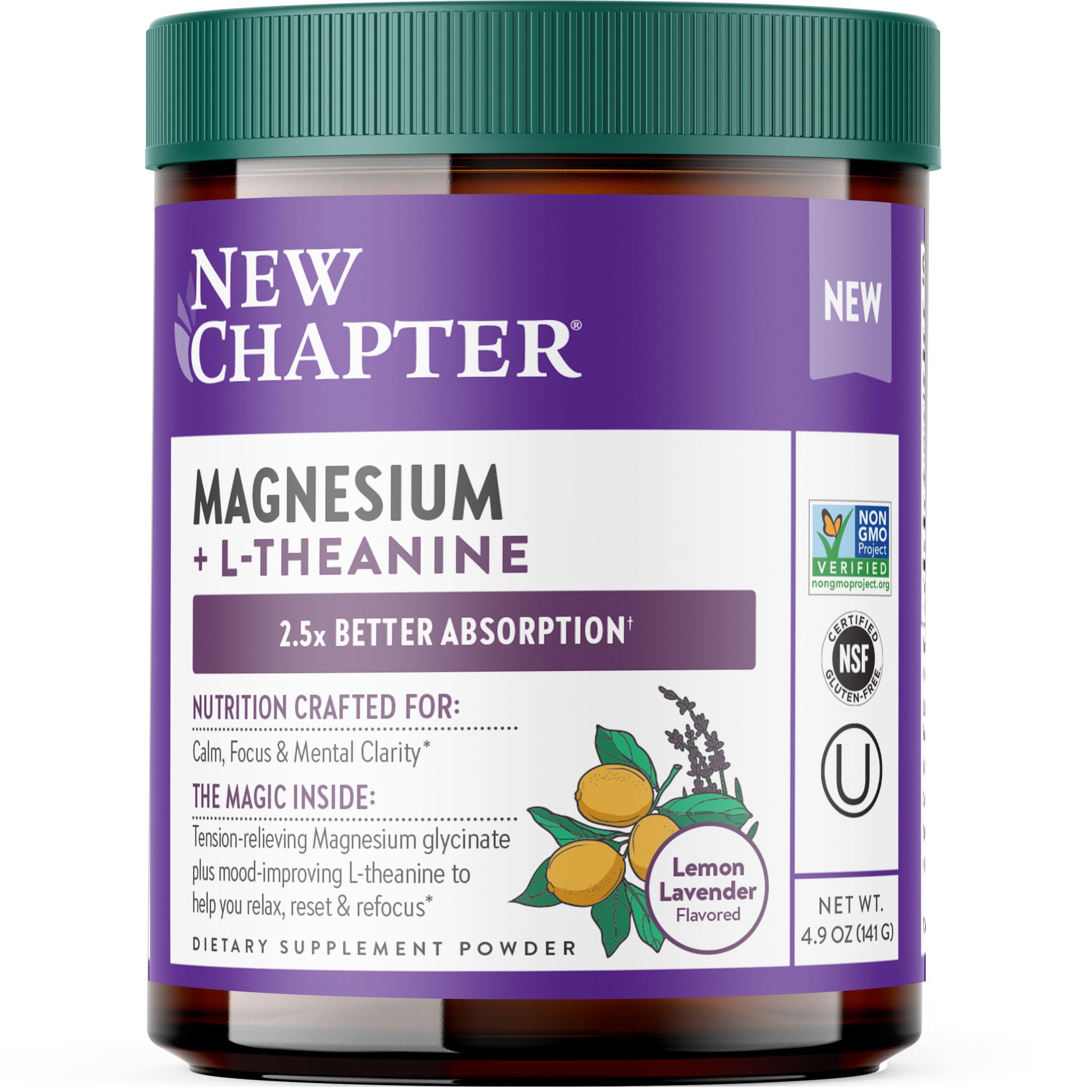 New Chapter L-Theanine & Magnesium Powder front view with packaging