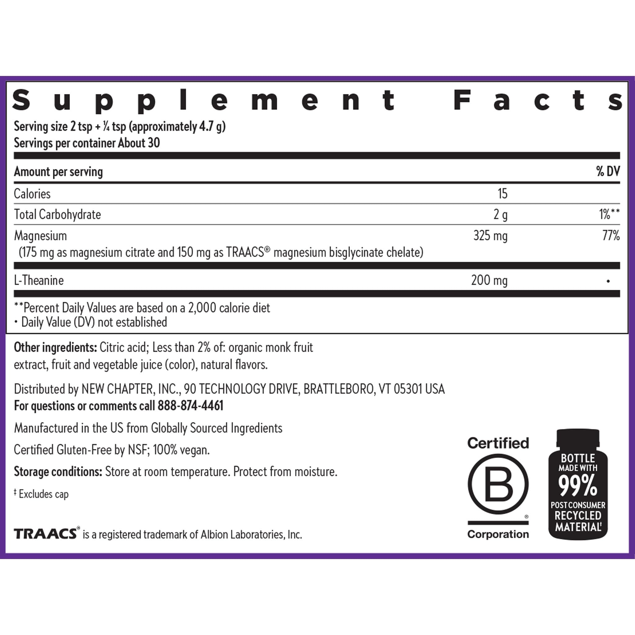 New Chapter L-Theanine & Magnesium Powder nutritional information