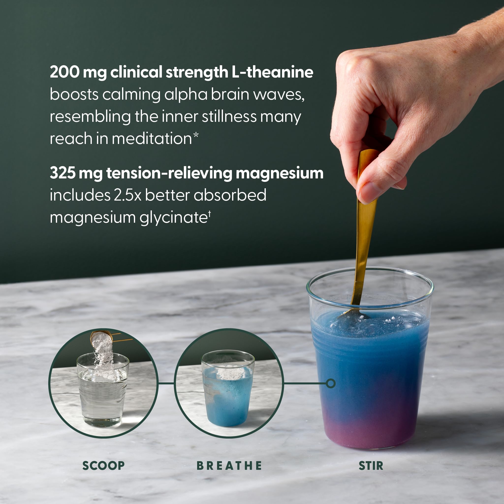 New Chapter L-Theanine & Magnesium Powder scoop showing powder