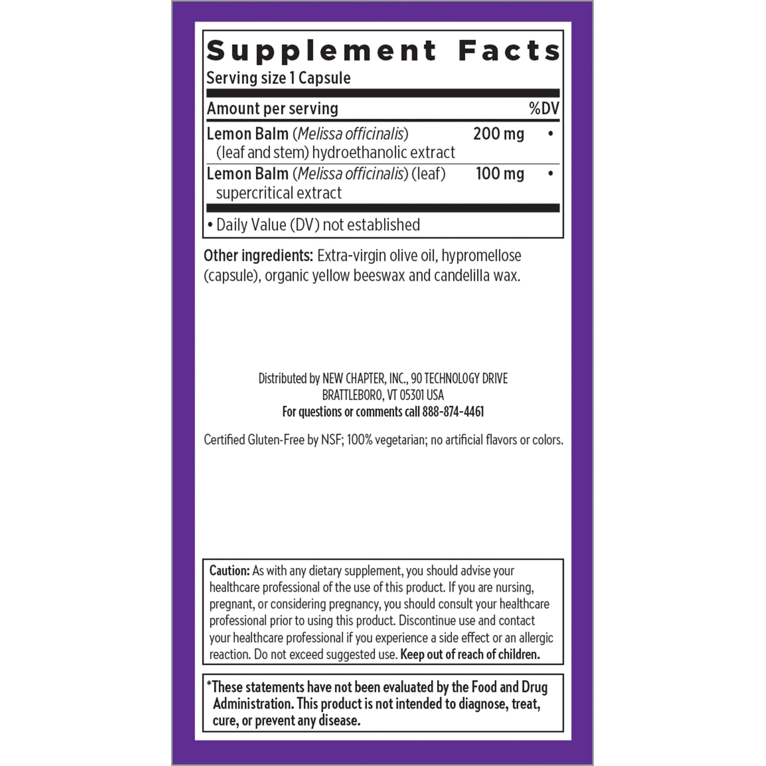 New Chapter Lemon Balm Force supplement bottle with a green background