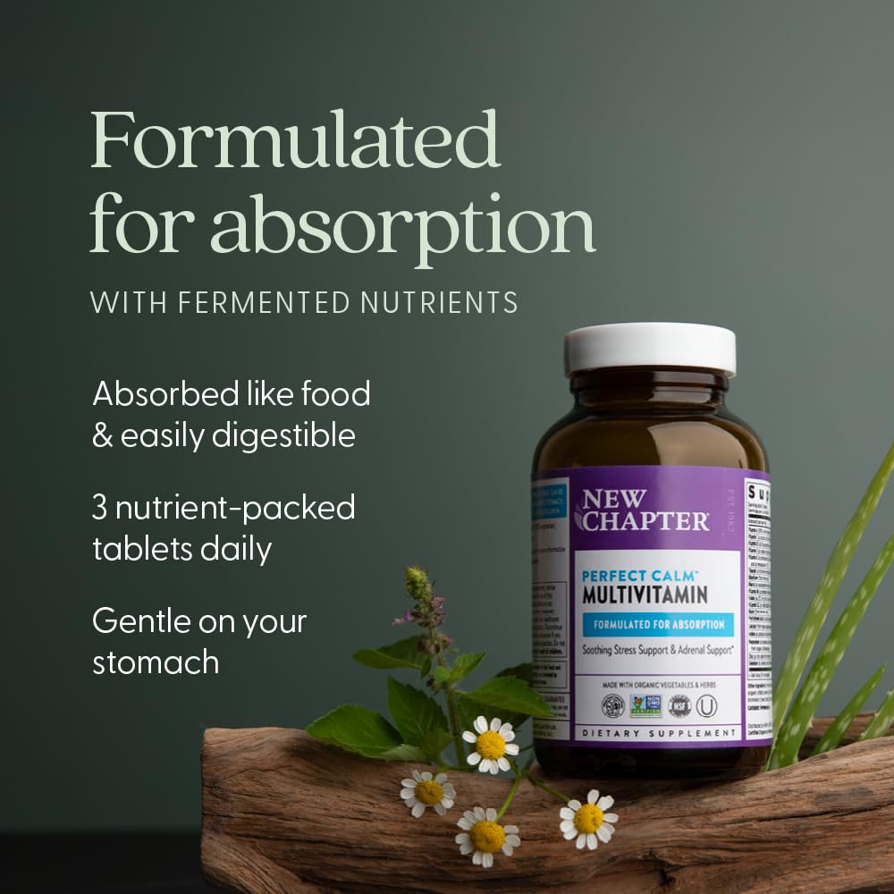 New Chapter Perfect Calm Multivitamin displayed with organic herbs