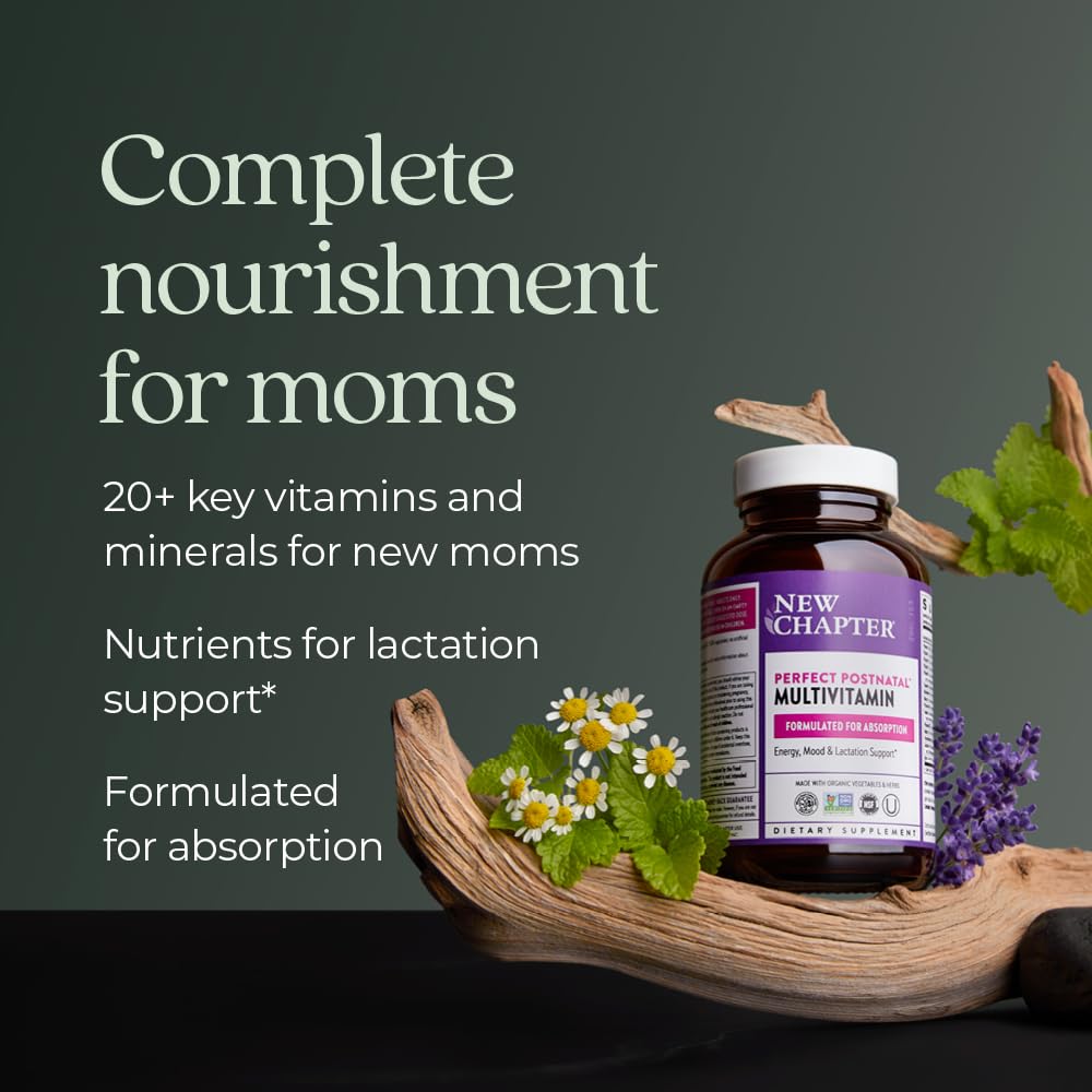 New Chapter Postnatal Multivitamins capsules on a wooden table