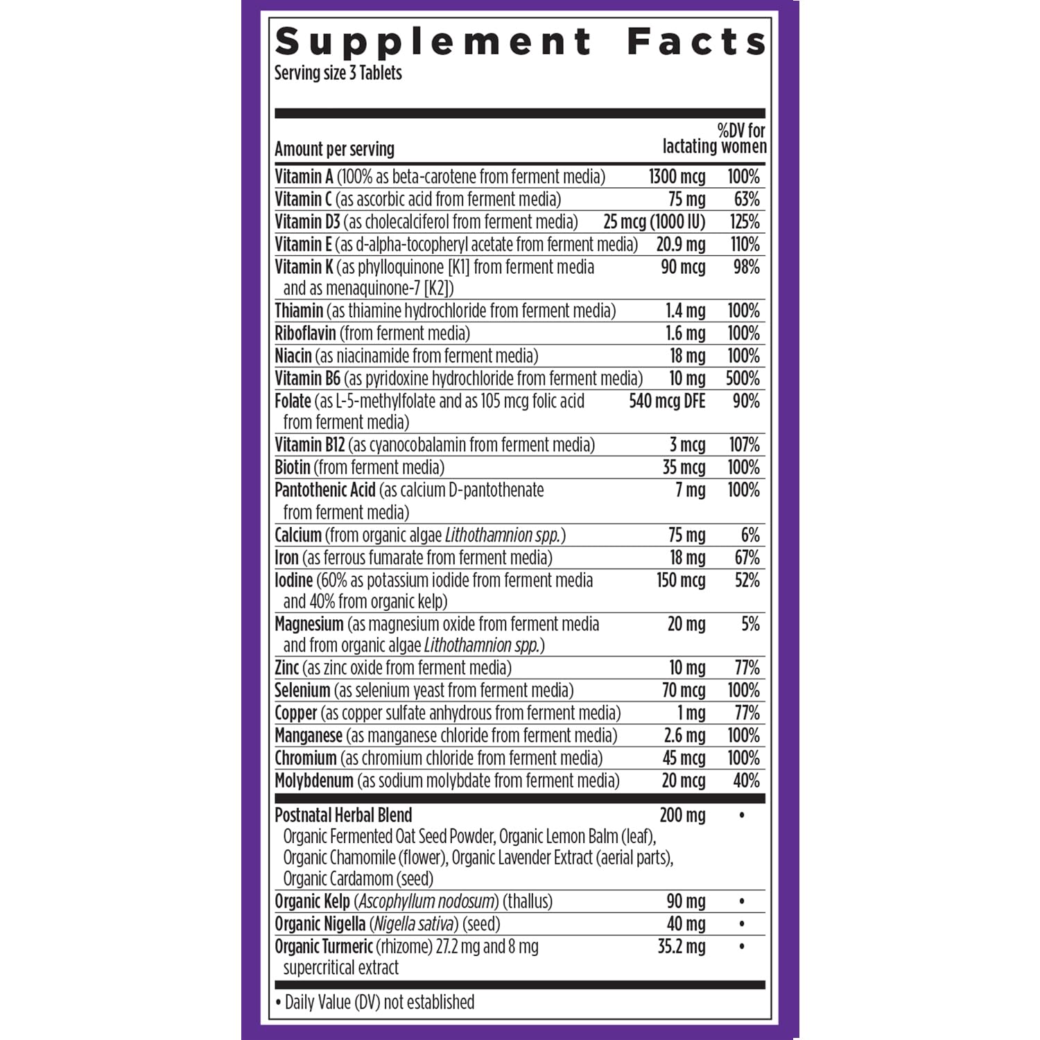 New Chapter Postnatal Multivitamins nutritional information