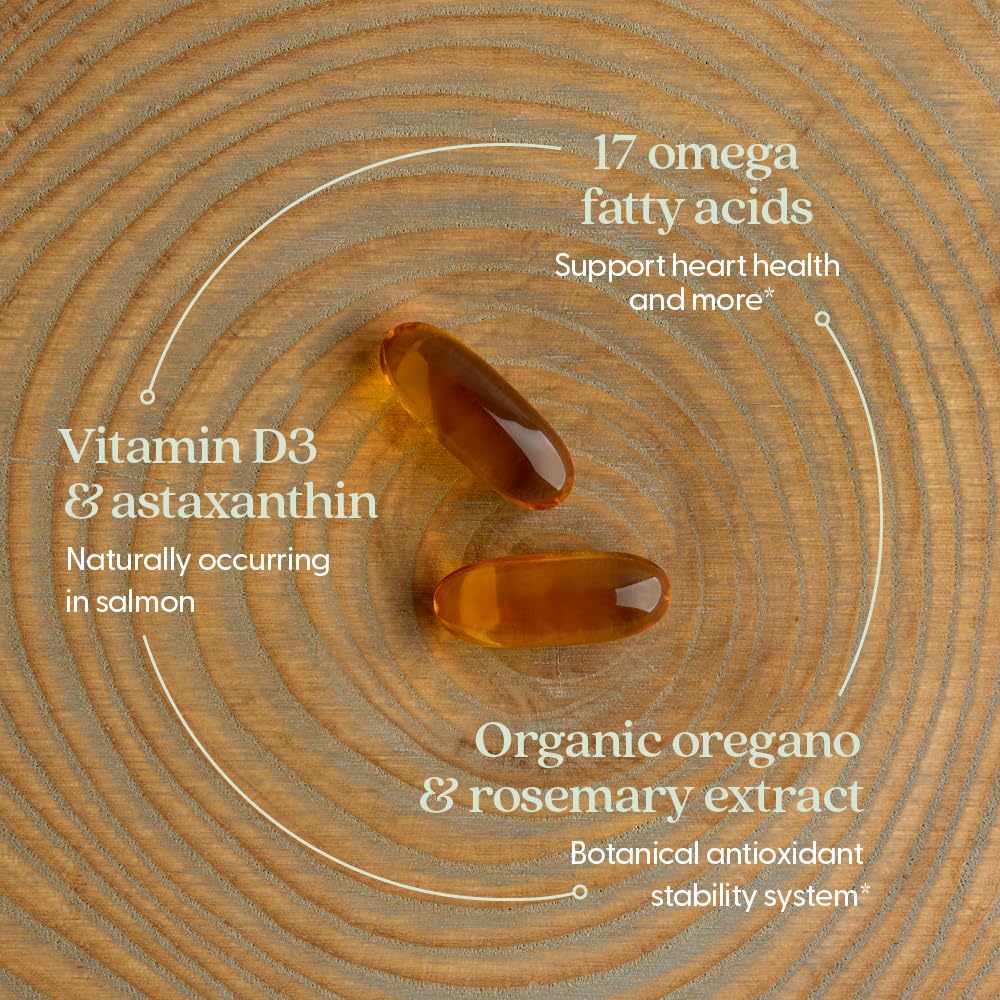 New Chapter Wholemega Fish Oil 2000mg softgels on wooden table