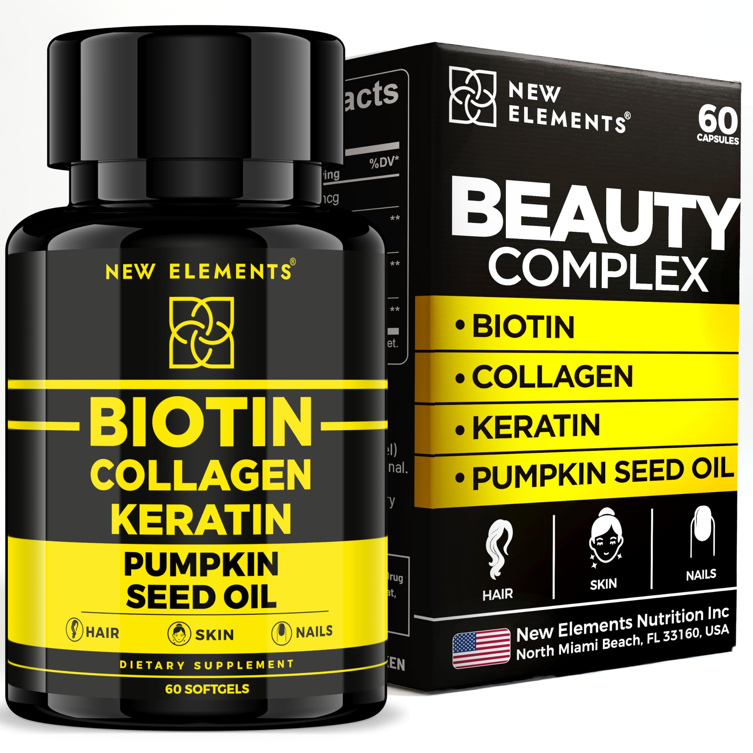 New Elements Biotin Supplement 60 softgels front view