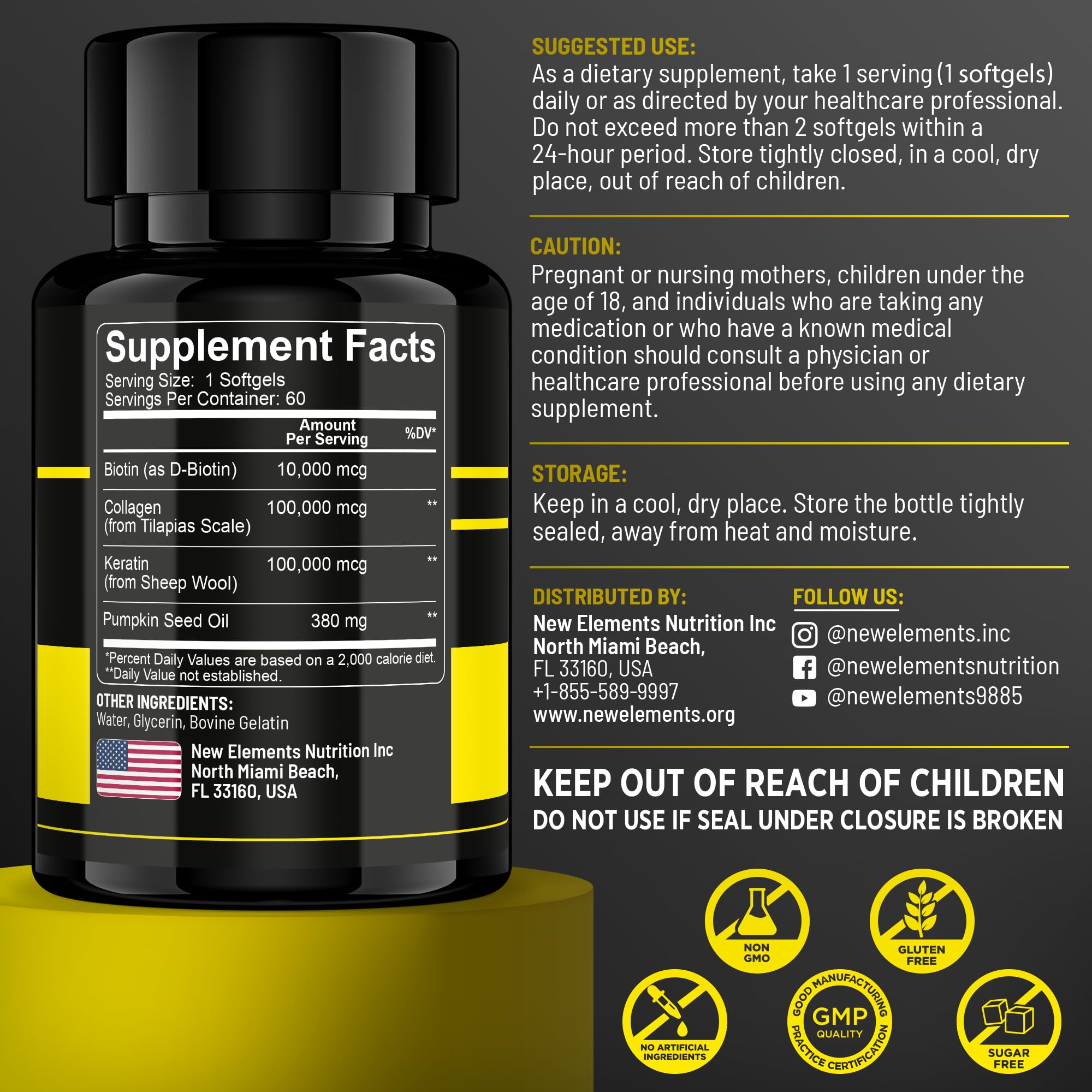 New Elements Biotin Supplement side view showing ingredients