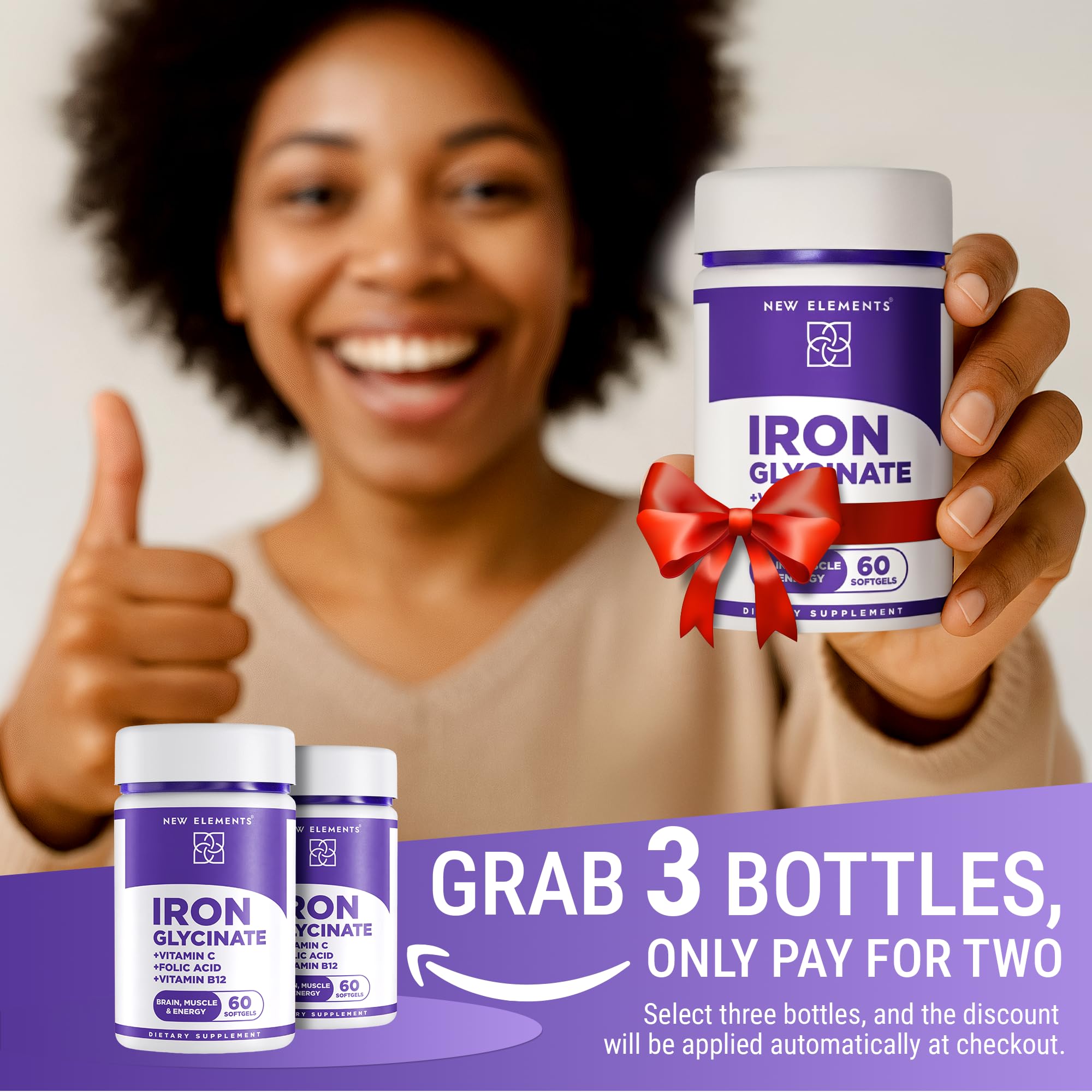 New Elements Iron Glycinate 50mg softgel bottle side view