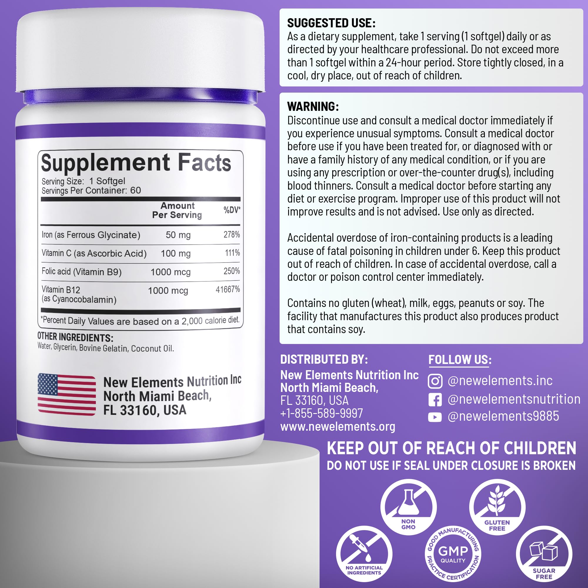 New Elements Iron Glycinate 50mg softgel close-up