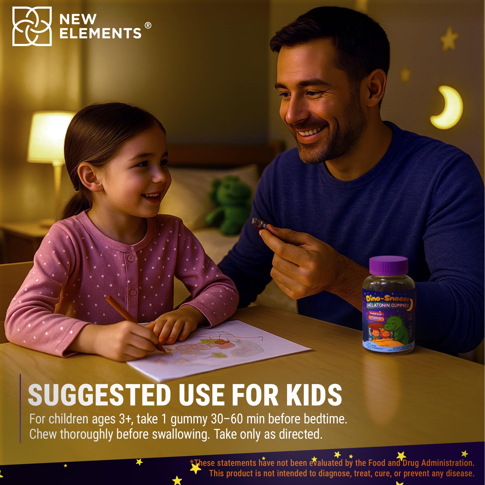 New Elements Melatonin Gummies Kids with a child holding them