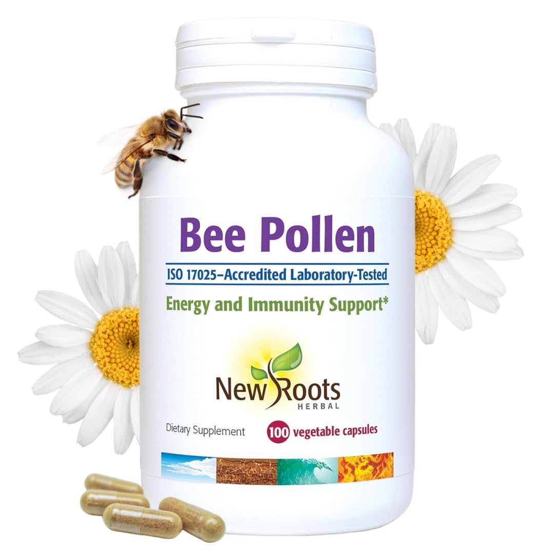 NEW ROOTS HERBAL Bee Pollen Capsules front view with packaging