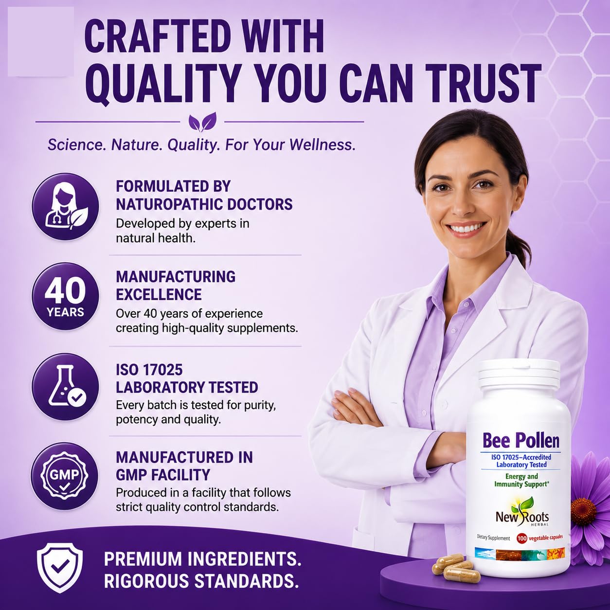 NEW ROOTS HERBAL Bee Pollen Capsules in a lifestyle setting