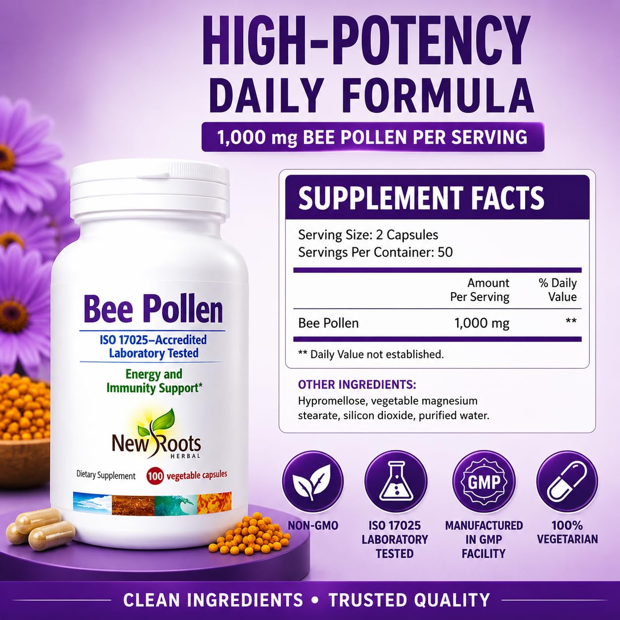 NEW ROOTS HERBAL Bee Pollen Capsules showing the bottle cap