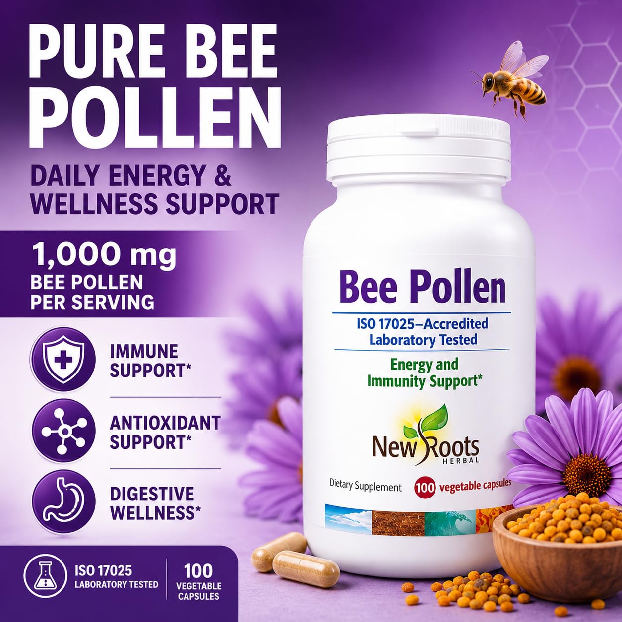NEW ROOTS HERBAL Bee Pollen Capsules side view showing capsule details