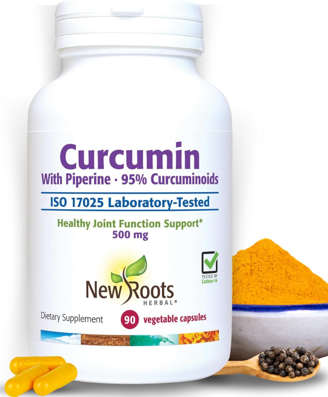 NEW ROOTS HERBAL Curcumin with Black Pepper 500mg capsule front view