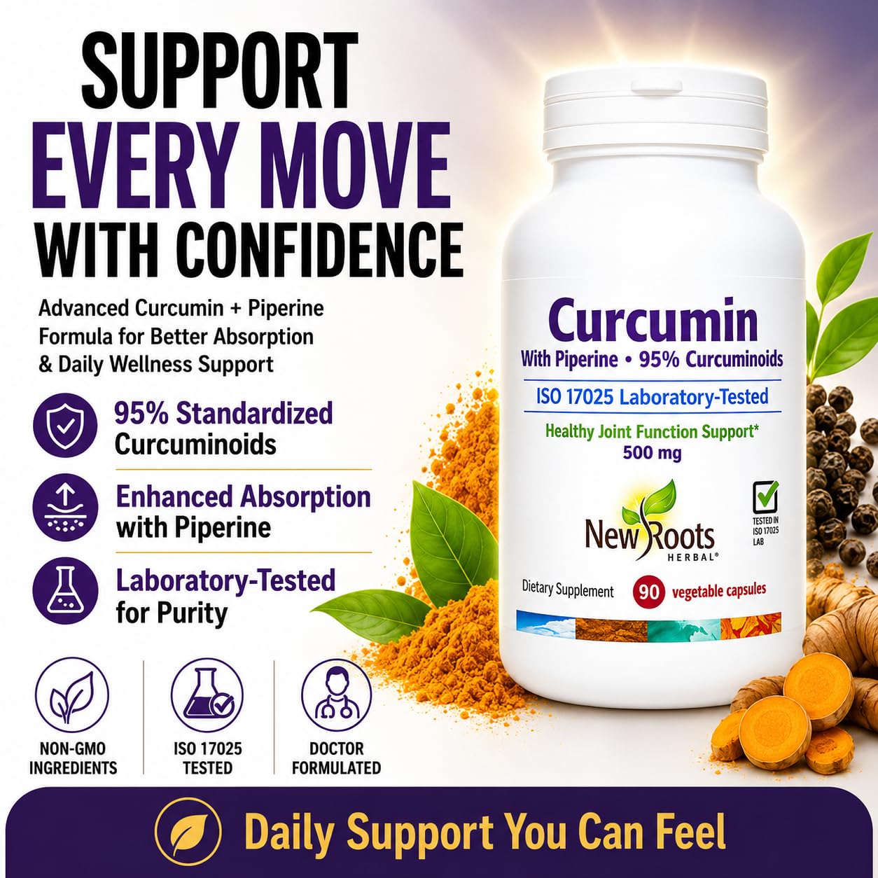 NEW ROOTS HERBAL Curcumin with Black Pepper 500mg capsule side view