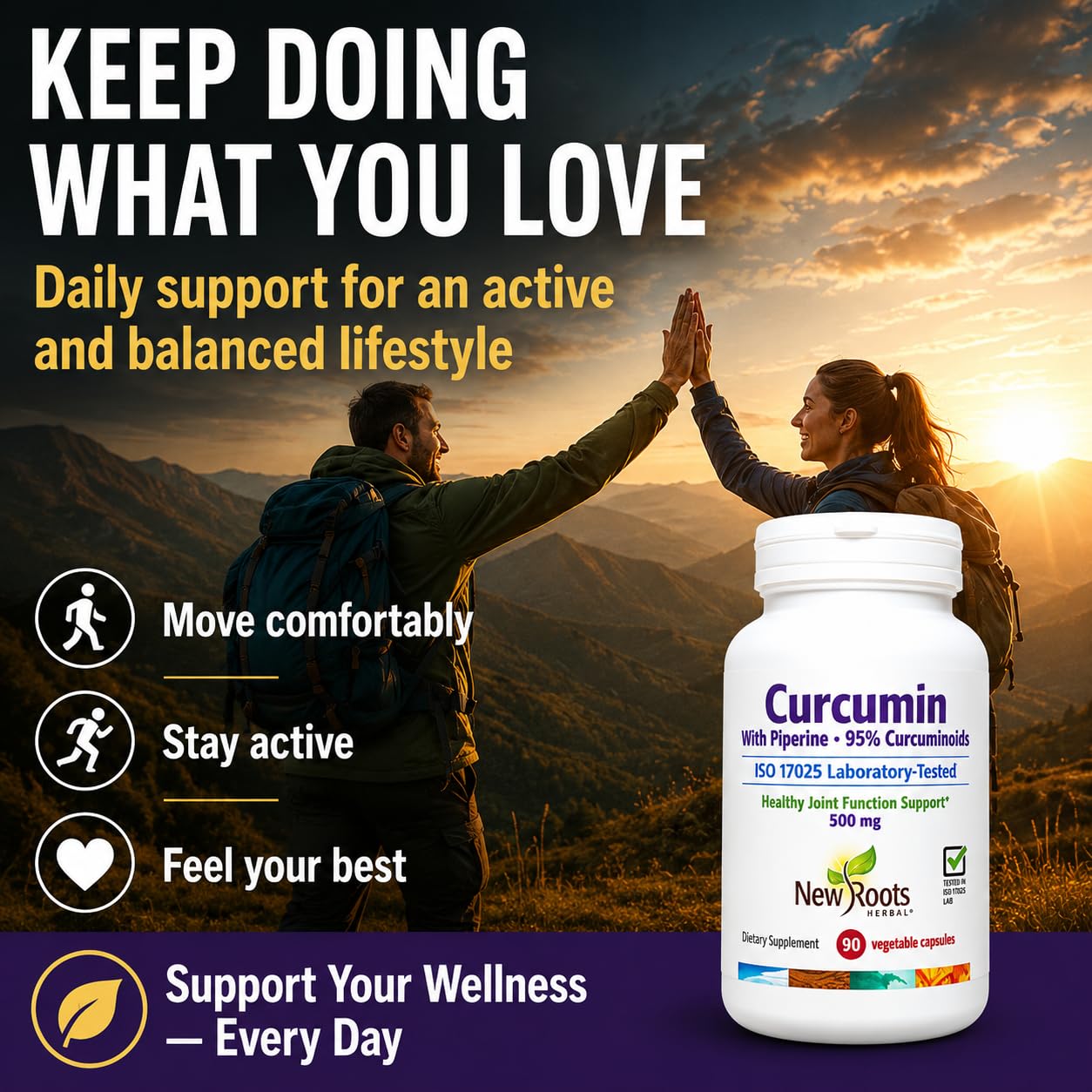 NEW ROOTS HERBAL Curcumin with Black Pepper 500mg capsules lifestyle shot