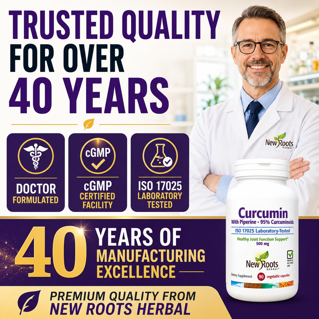 NEW ROOTS HERBAL Curcumin with Black Pepper 500mg capsules on a wooden table