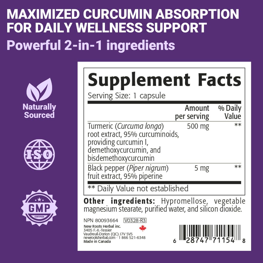NEW ROOTS HERBAL Curcumin with Black Pepper 500mg capsules with measuring spoon