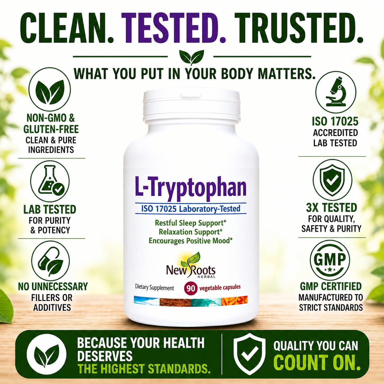 NEW ROOTS HERBAL L-Tryptophan 220mg capsules in a hand