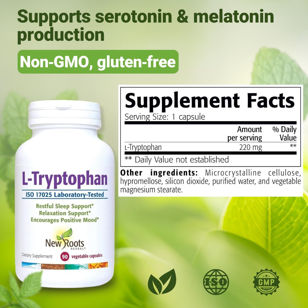 NEW ROOTS HERBAL L-Tryptophan 220mg capsules with ingredients list