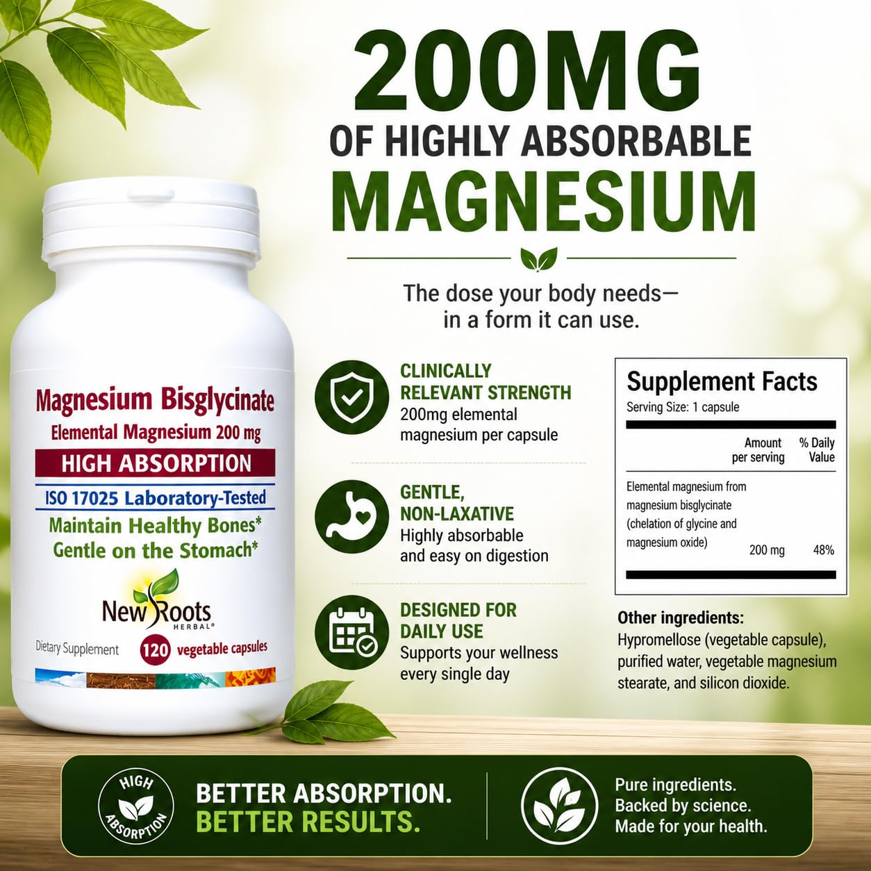 NEW ROOTS HERBAL Magnesium Bisglycinate capsules on a wooden surface