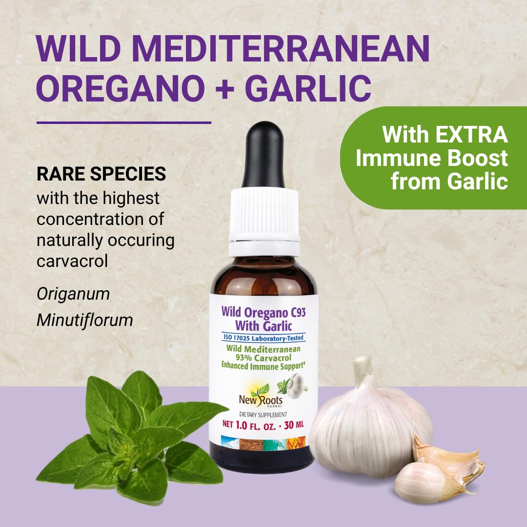 NEW ROOTS HERBAL Oregano Oil with Garlic 30ml label close-up