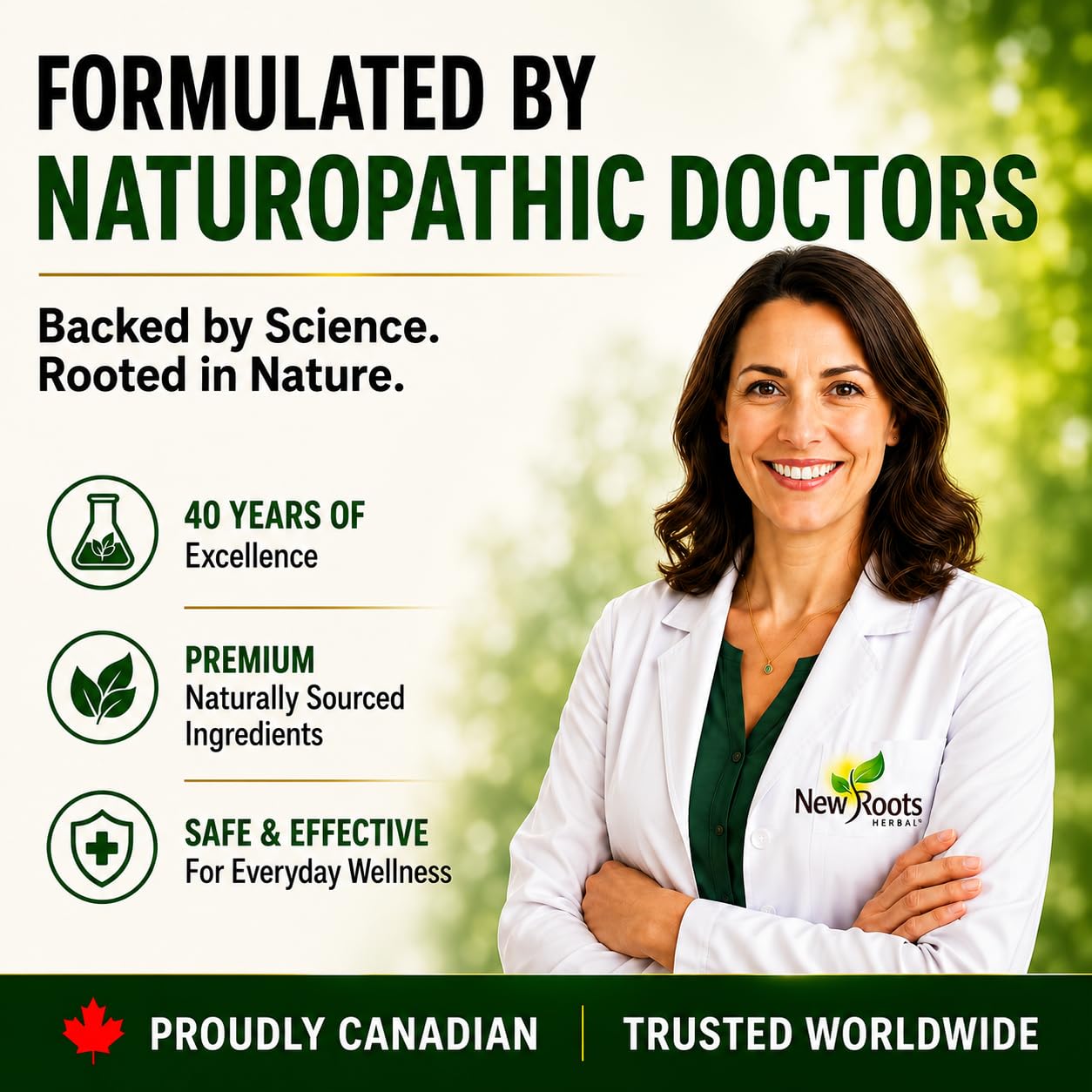 NEW ROOTS HERBAL Vitamin E 400 IU Capsules on a wooden table