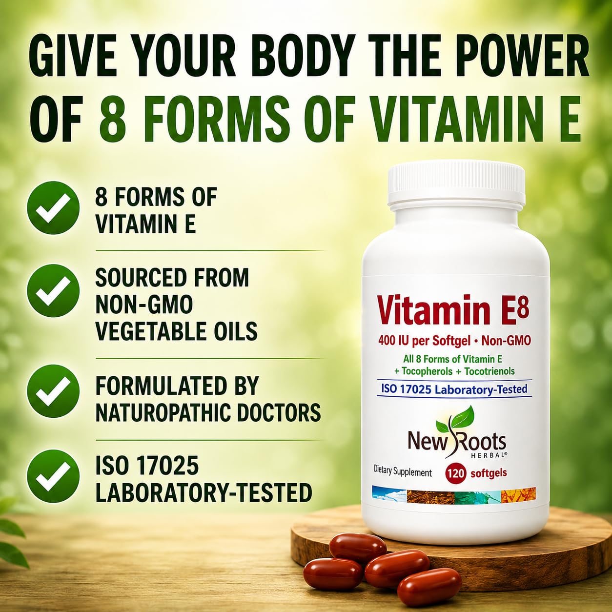NEW ROOTS HERBAL Vitamin E 400 IU Capsules side view