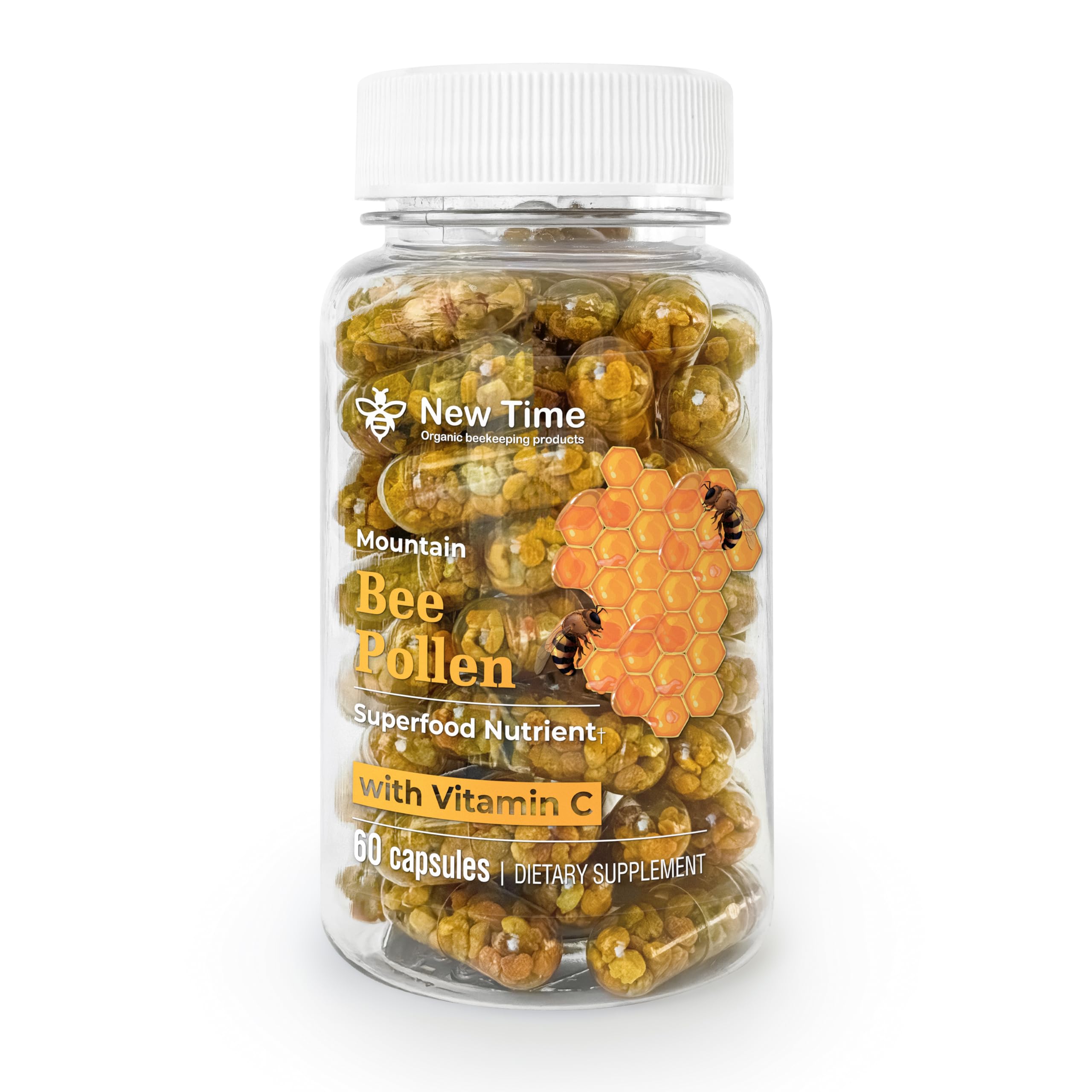 New Time Organic Bee Pollen Capsules bottle front view