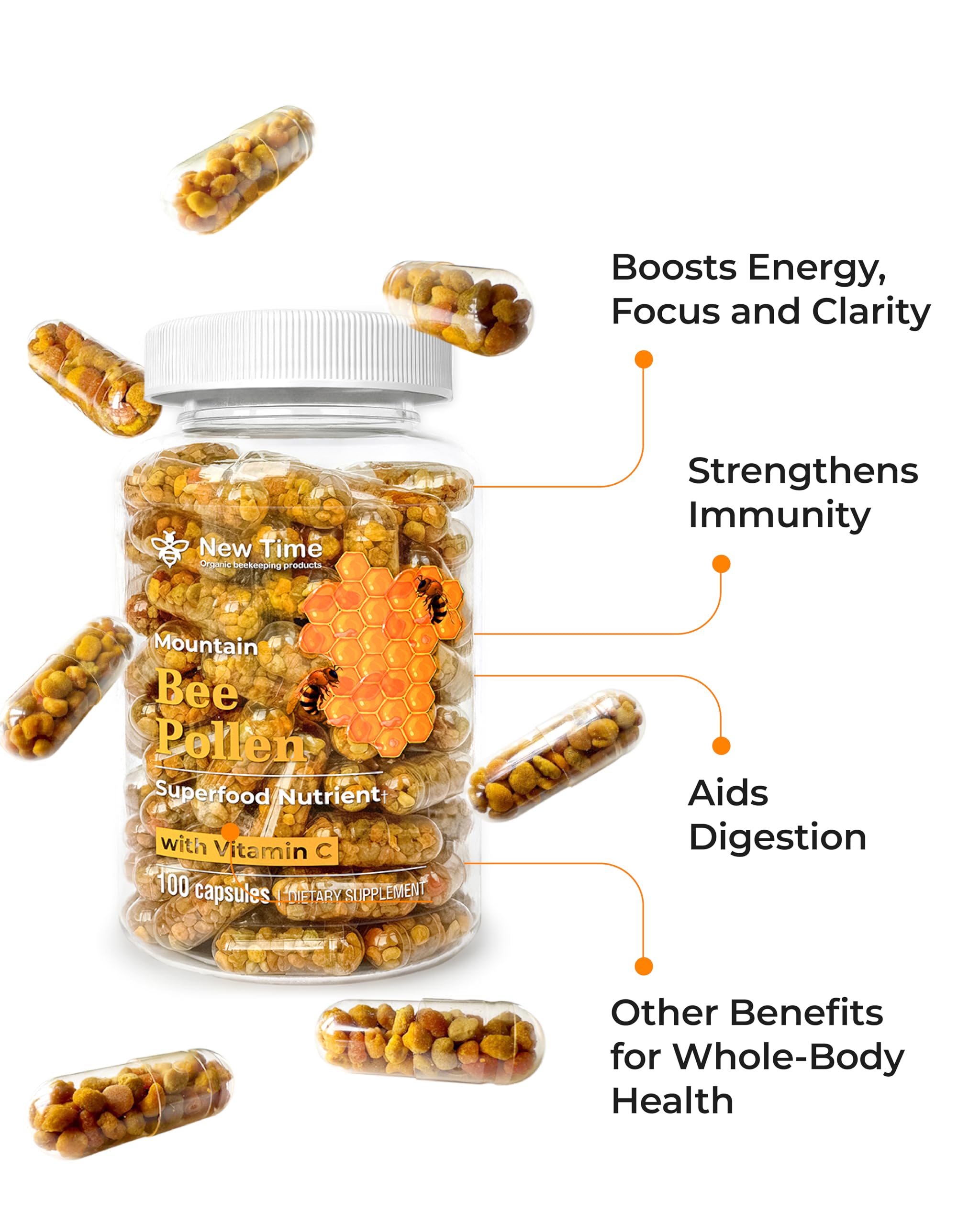 New Time Organic Bee Pollen Capsules on a wooden table