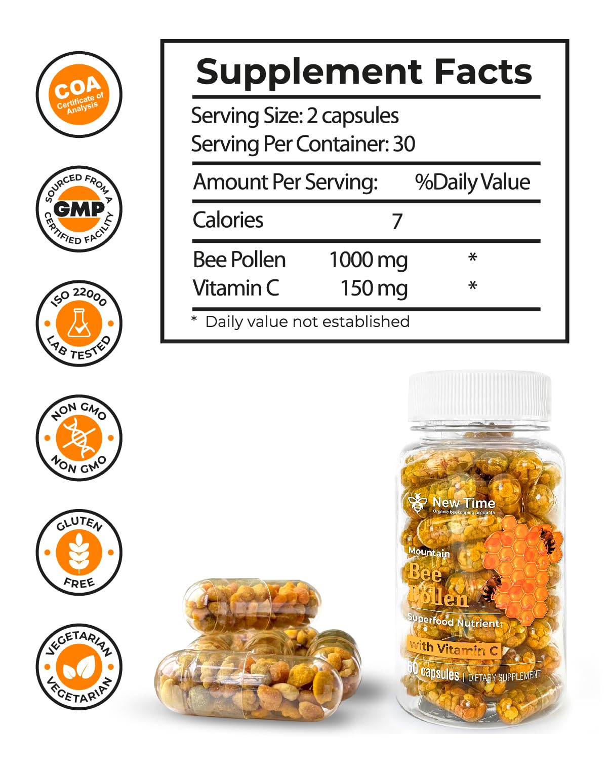 New Time Organic Bee Pollen Capsules side view with label