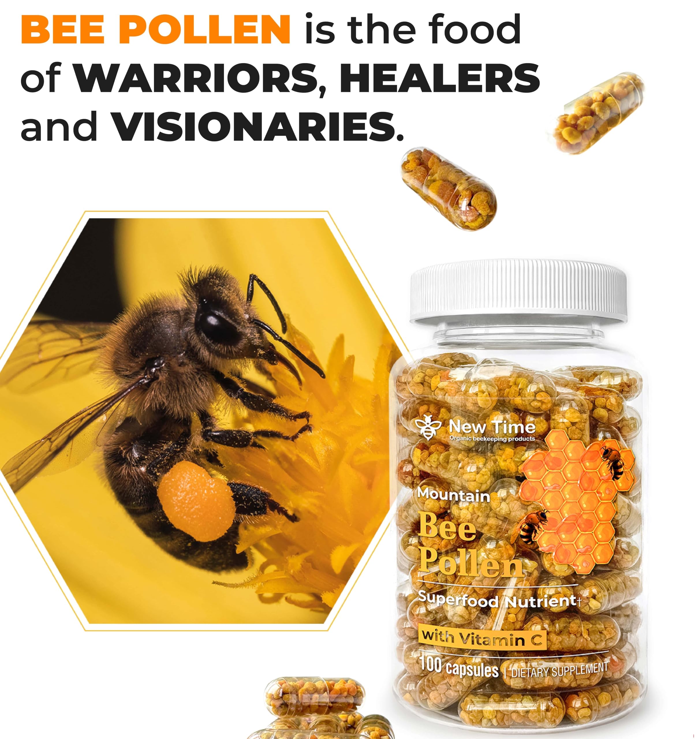 New Time Organic Bee Pollen Capsules with a measuring spoon