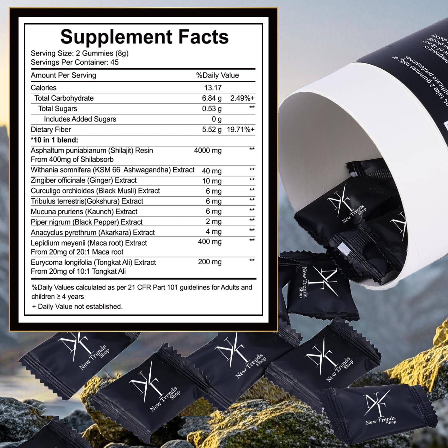 New Trends Shop Shilajit Gummies bottle with a measuring spoon