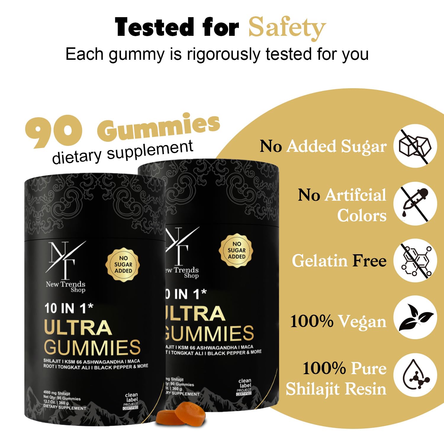 New Trends Shop Shilajit Gummies with ingredients list on the side
