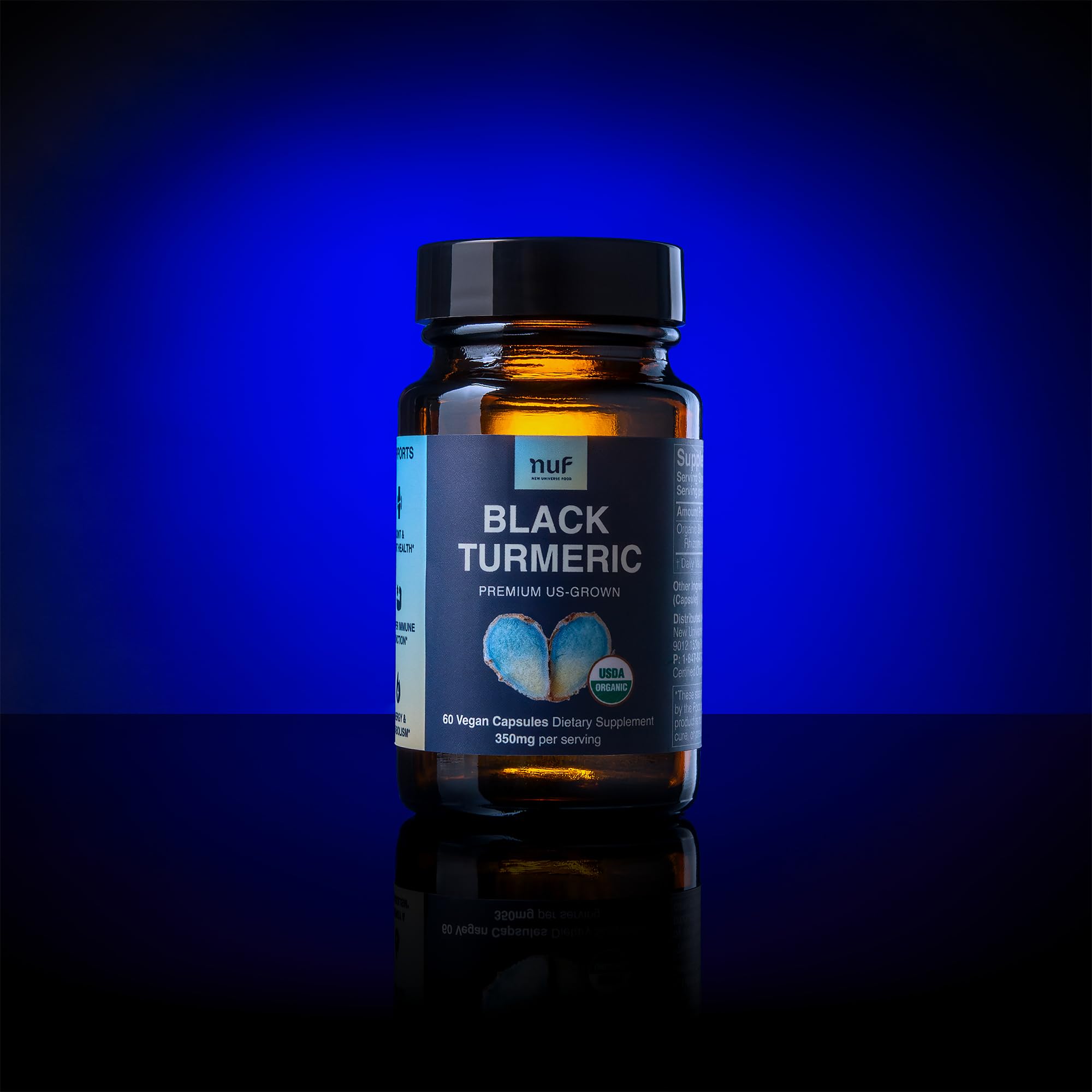 New Universe Food Black Turmeric Capsules 350MG label close-up