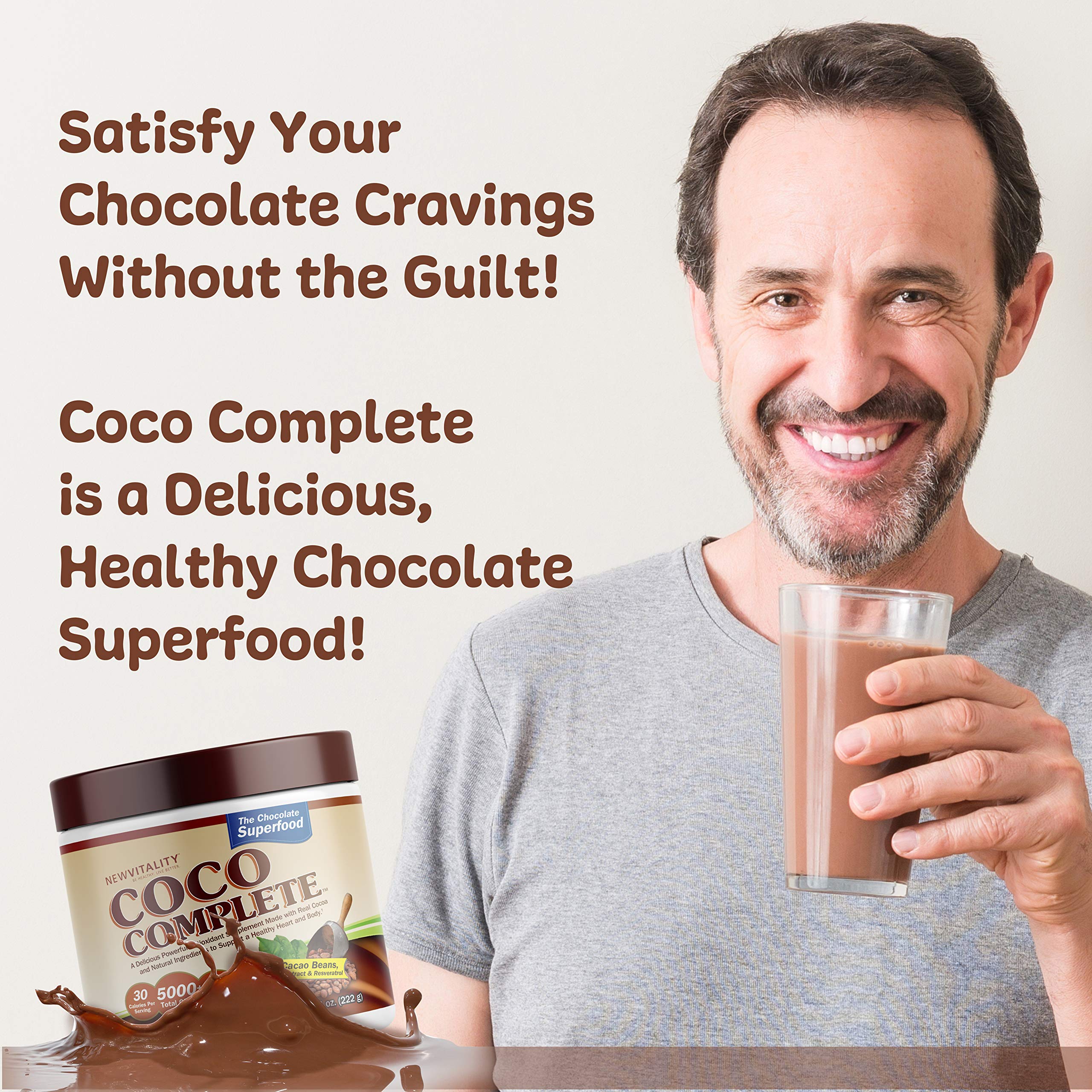 New Vitality Coco Complete Chocolate Antioxidant Powder mixed in a glass