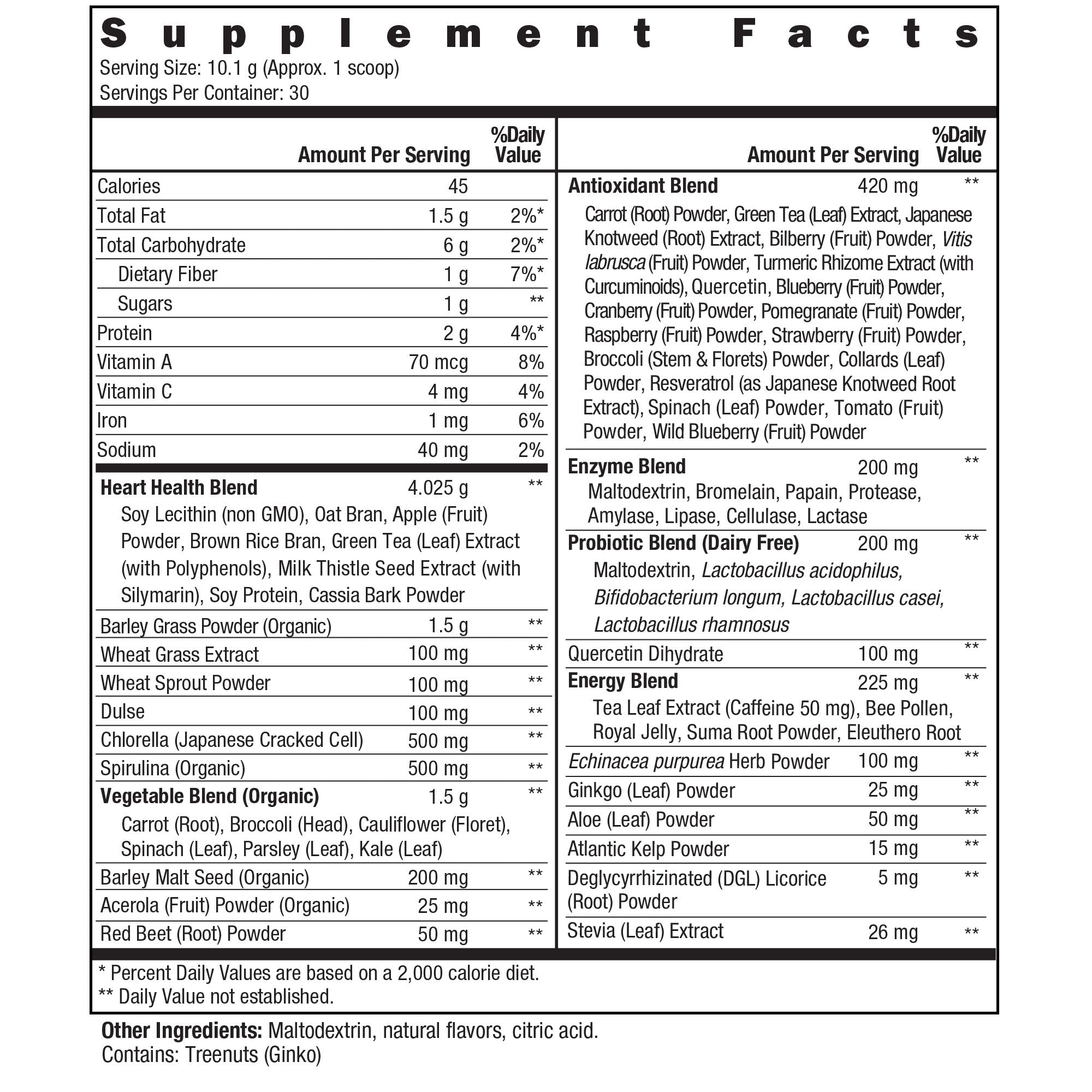 New Vitality Royal Greens Ultra Superfood Powder nutritional information