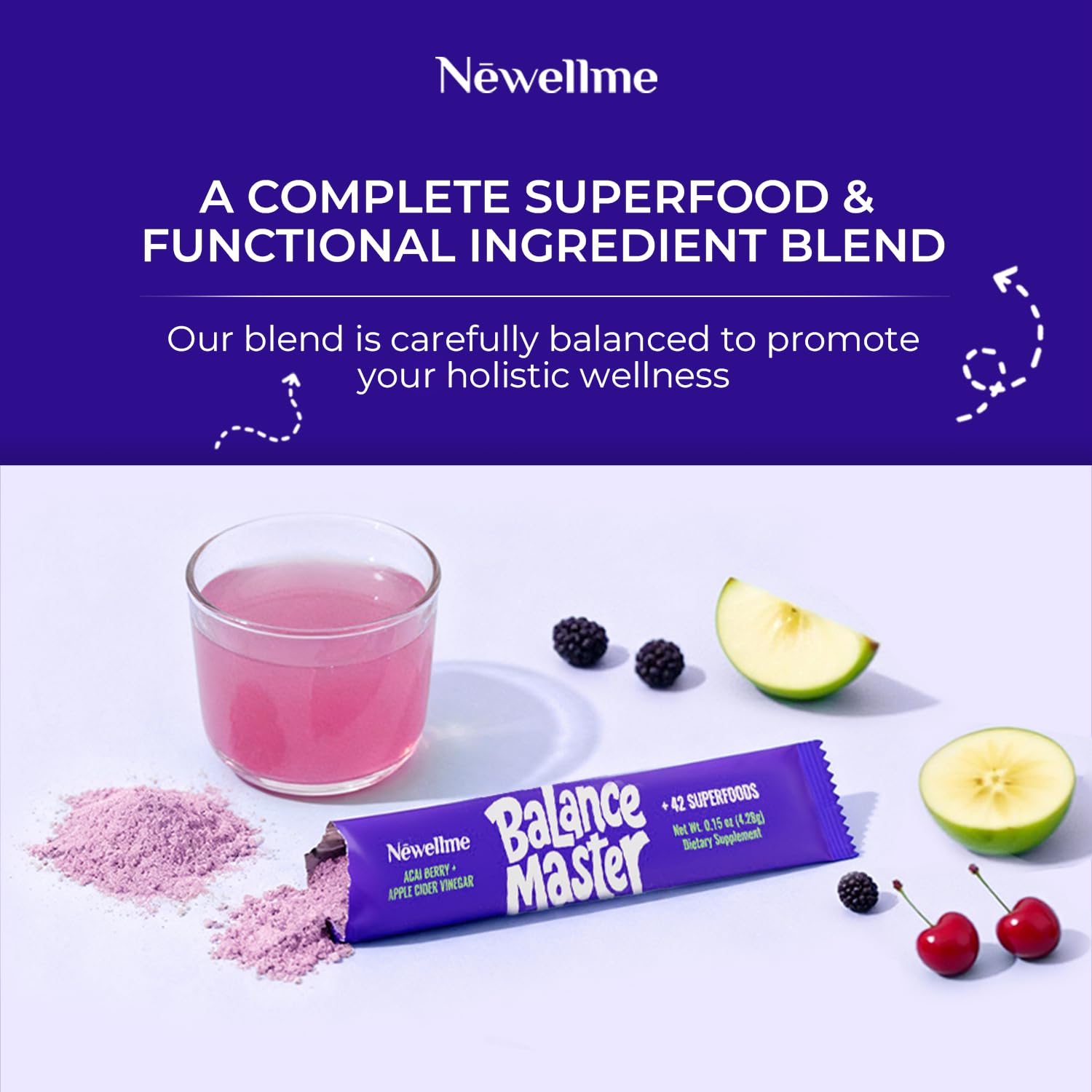 NEWELLME sachets displayed on a wooden table