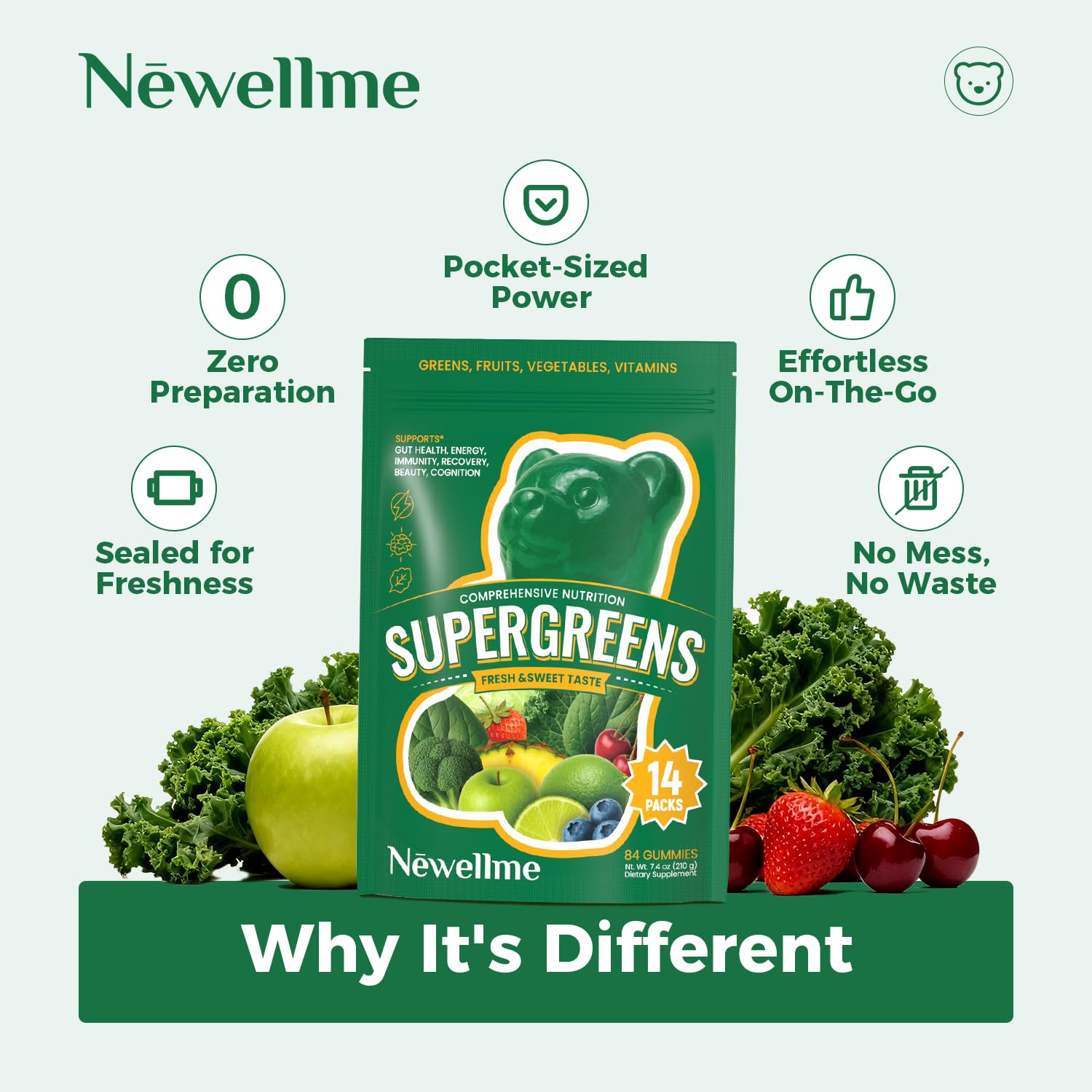 NEWELLME Spirulina Gummy Supplements gummies displayed on a table