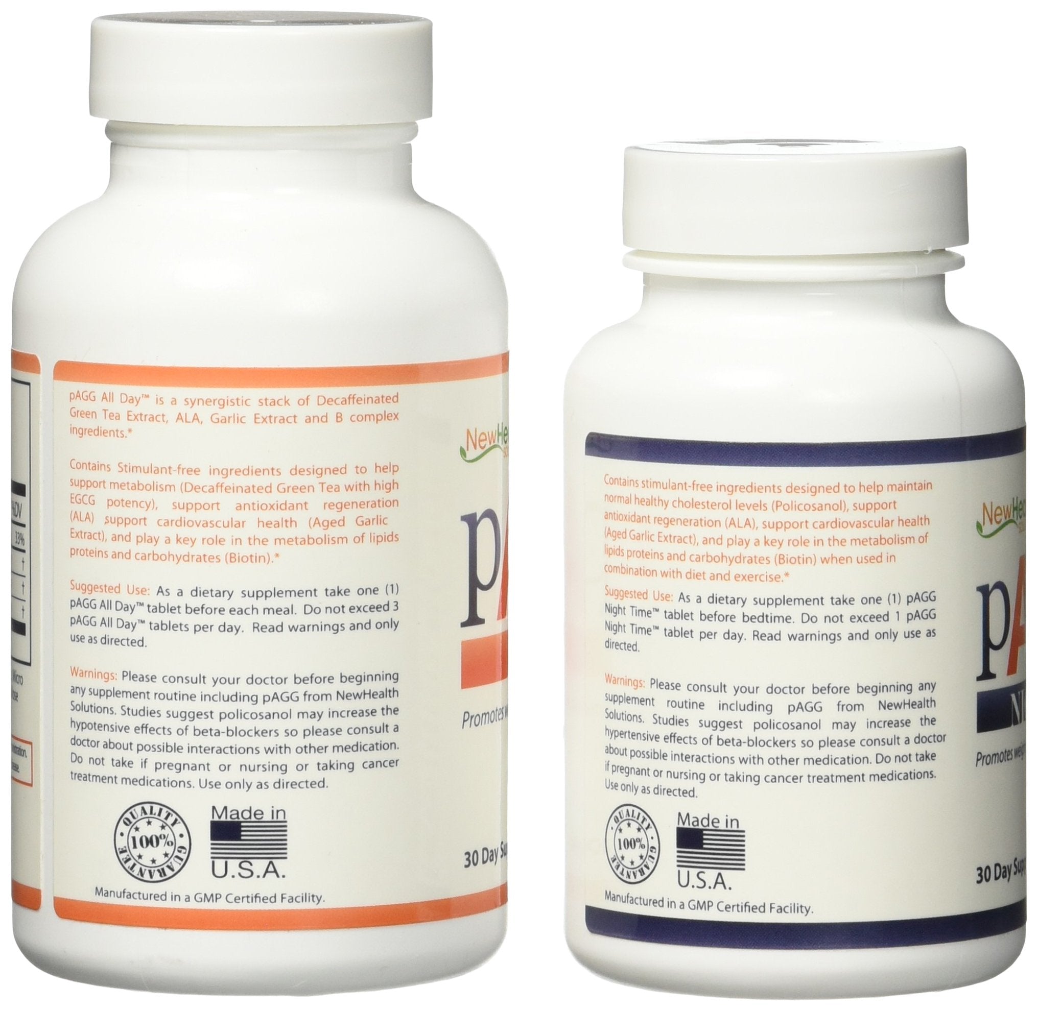 NewHealth Solutions pAGG Supplement packaging with All Day and Night Time tablets