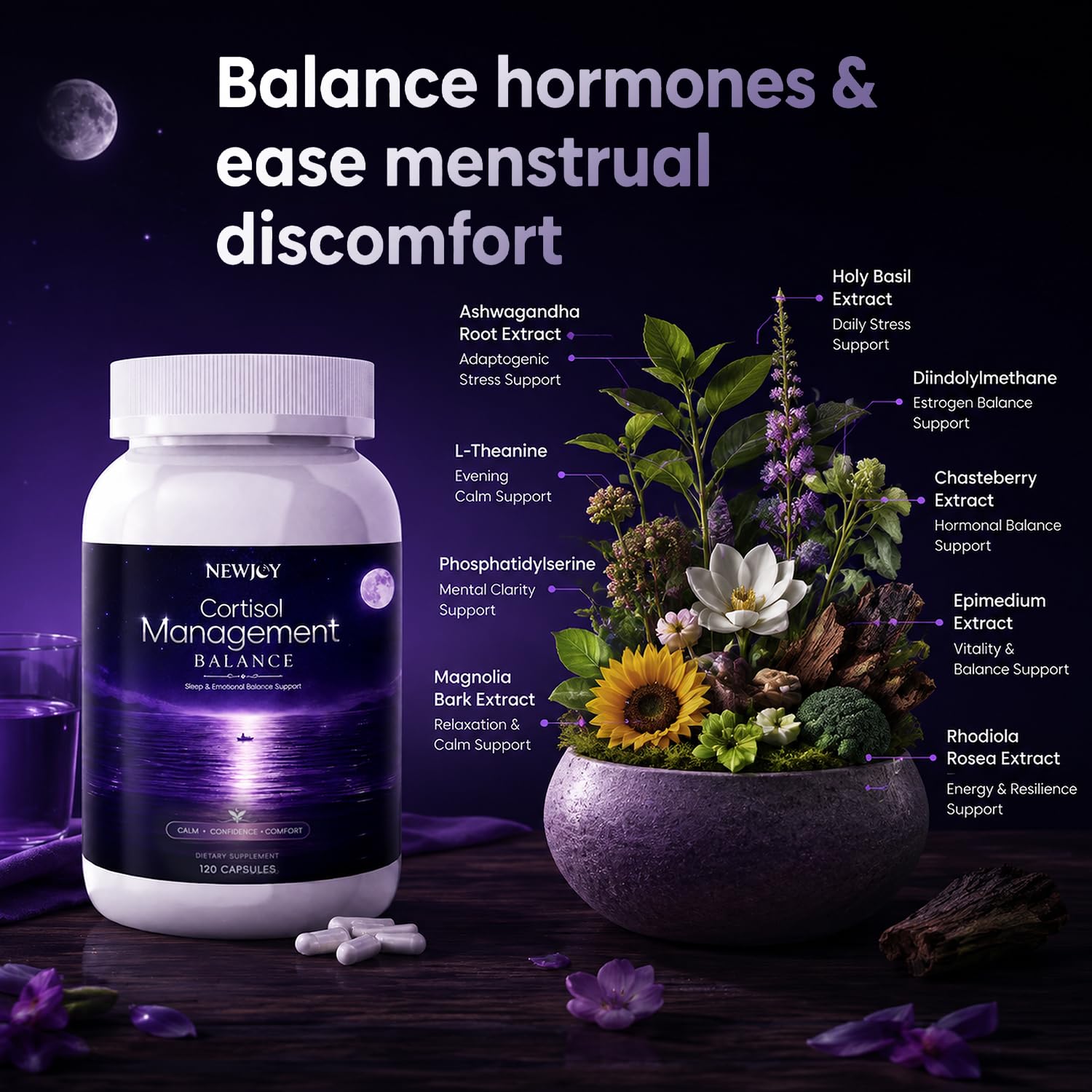 NewJoy Cortisol Support Supplement bottle with capsules