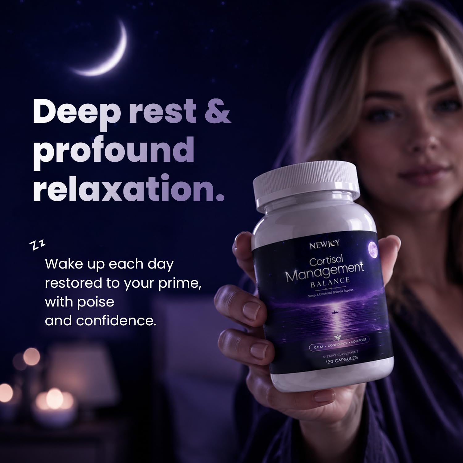 NewJoy Cortisol Support Supplement on a wooden table