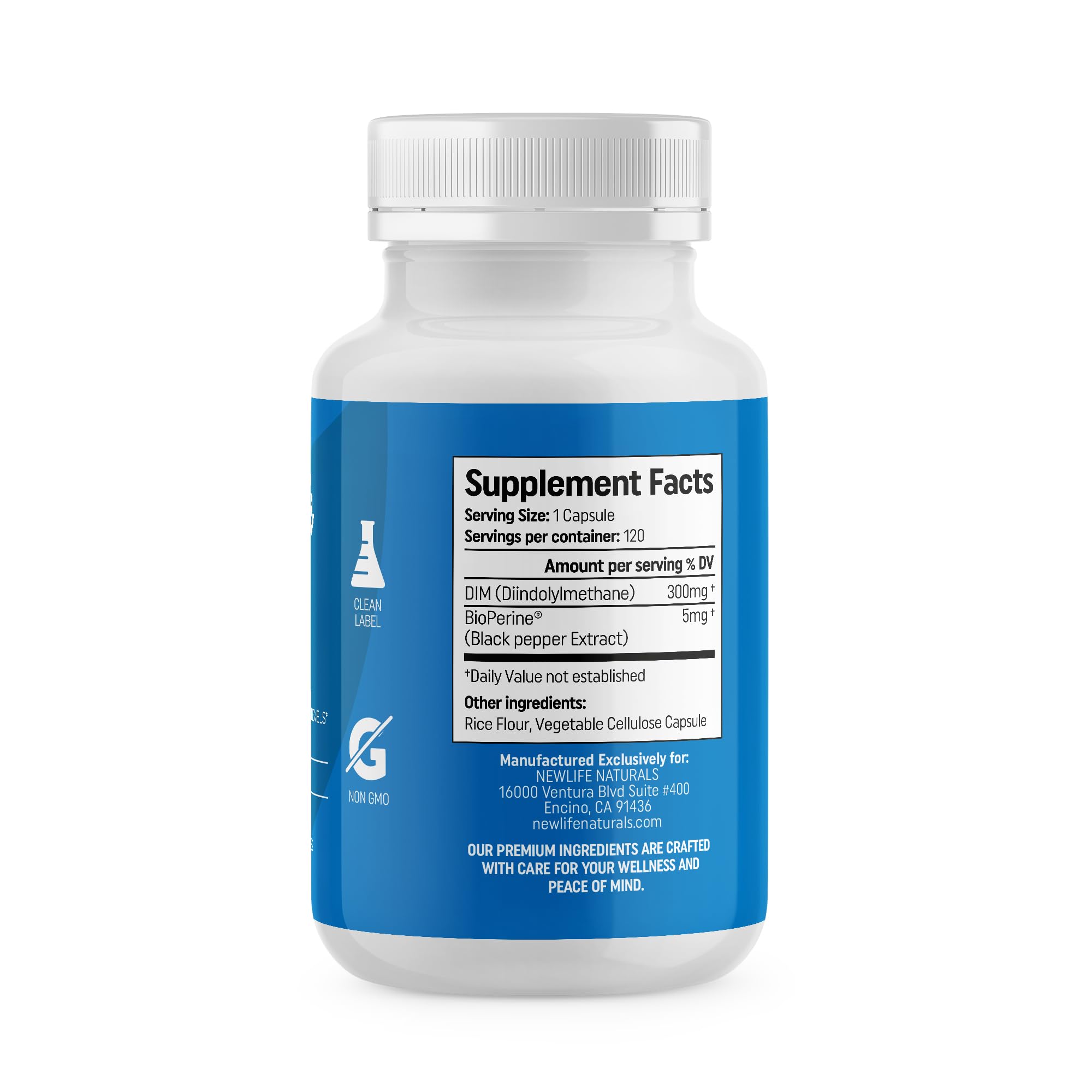NewLife Naturals DIM Supplement 300mg capsules in a hand