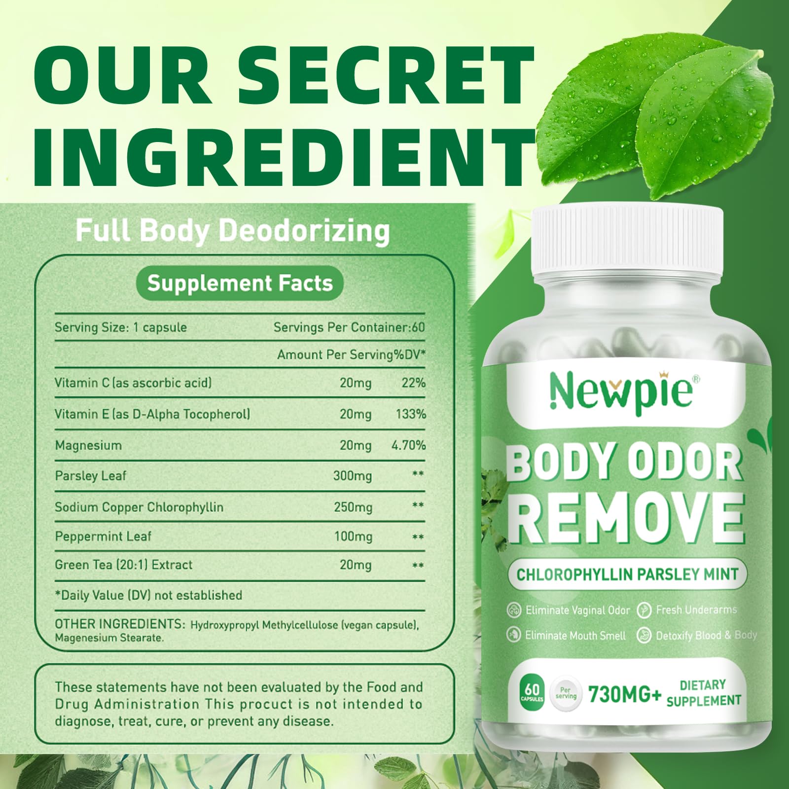 Newpie Chlorophyll 7-in-1 Internal Odor Support Supplement ingredients display