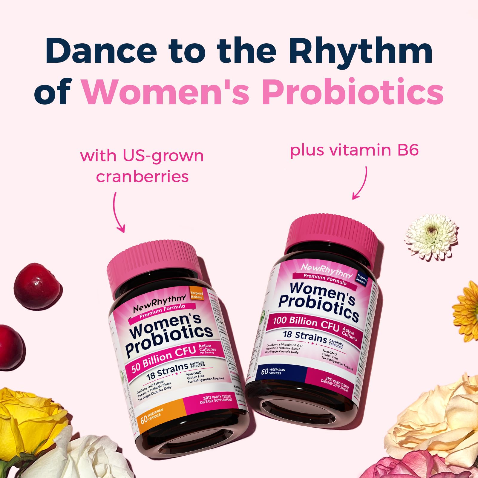NewRhythm Female Probiotics packaging with a measuring tape for size