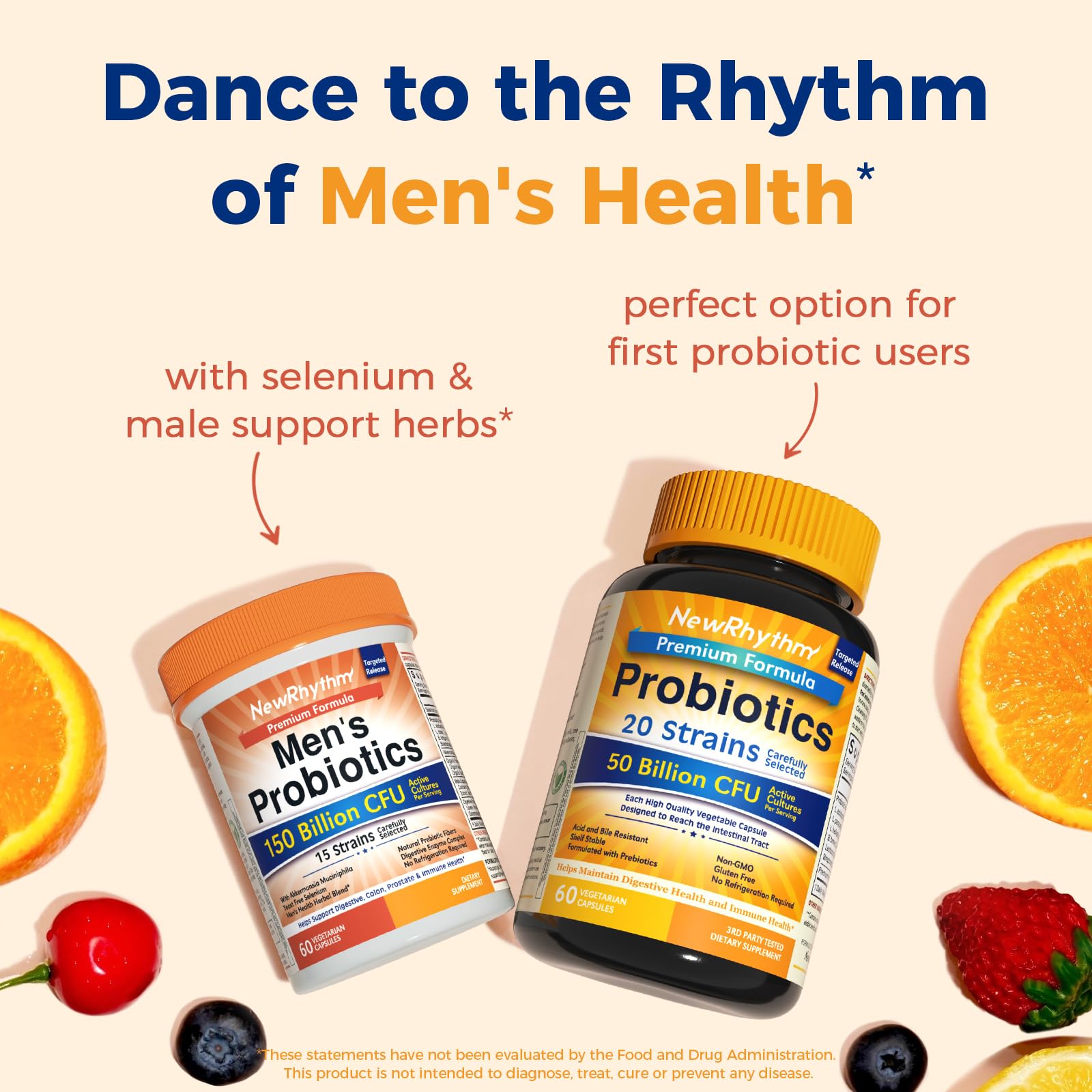 NewRhythm Men's Probiotics 150 Billion CFU on a wooden table