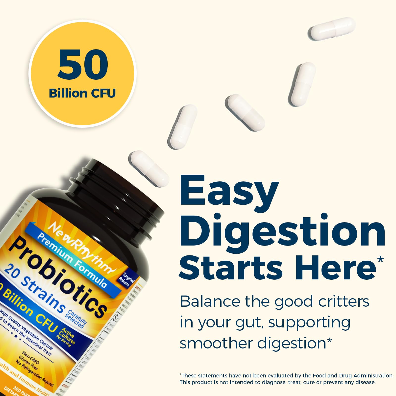 NewRhythm Probiotics 50 Billion CFU capsules side view