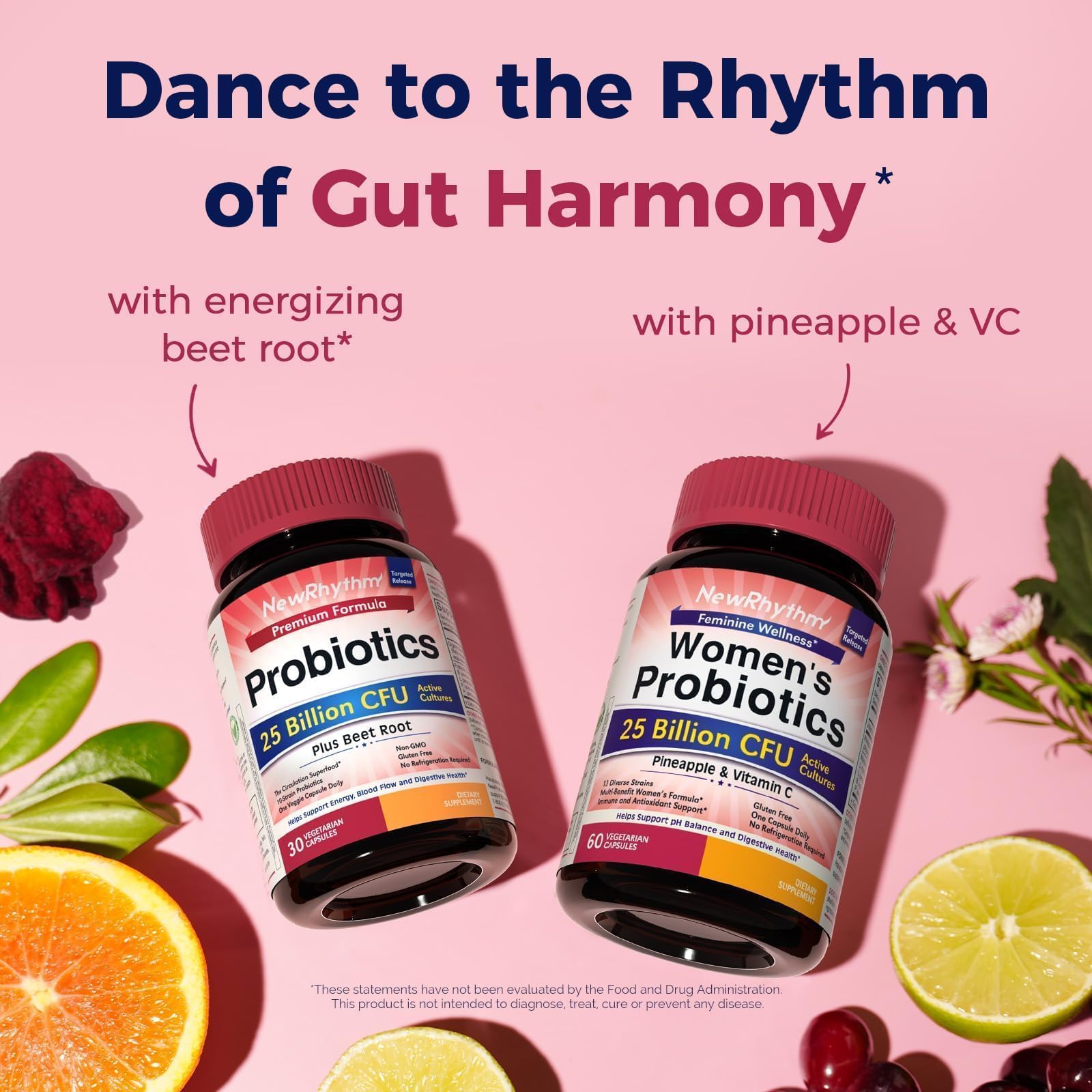 NewRhythm Probiotics + Beet Root capsules in a hand