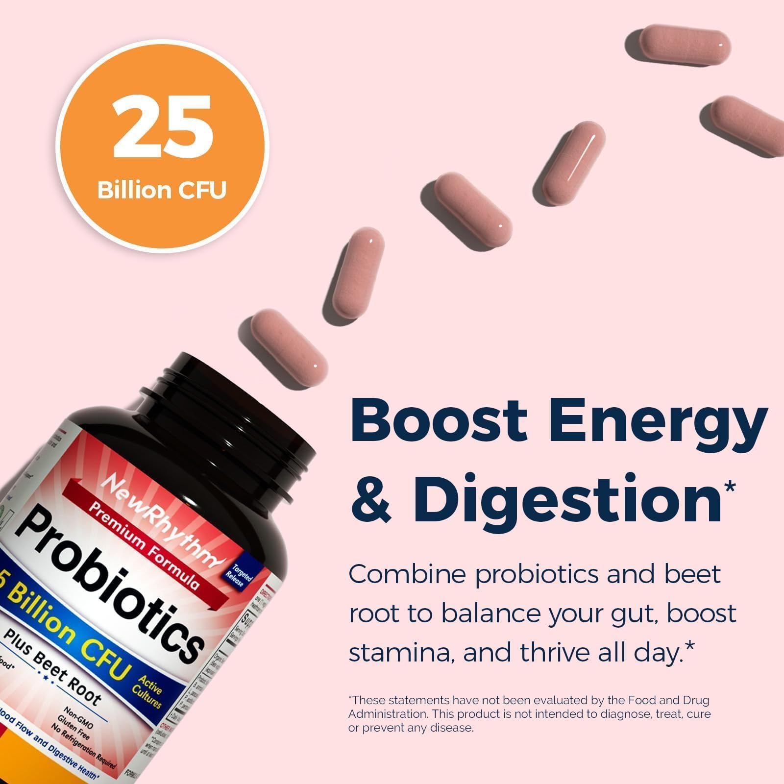NewRhythm Probiotics + Beet Root capsules on a wooden table
